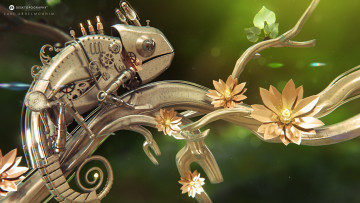 Картинка фэнтези роботы +киборги +механизмы цветы ветки desktopography ящерица имитация
