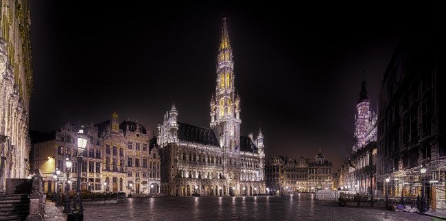 Обои картинки фото grand place of bruxelles, города, брюссель , бельгия, ночь, ратуша, площадь