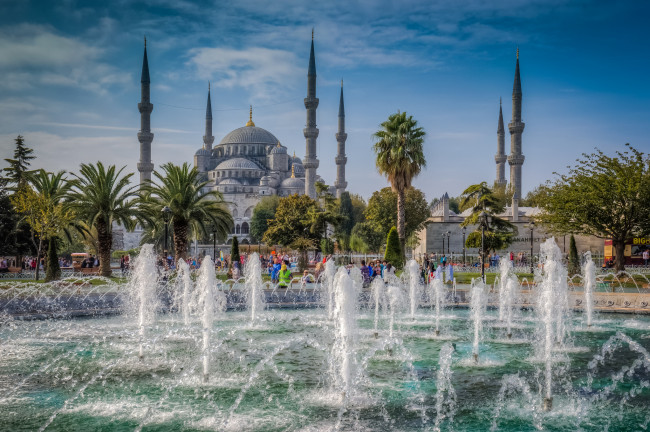 Обои картинки фото blue mosque frontlit, города, - фонтаны, фонтаны, мечеть