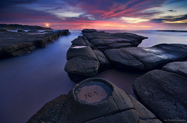 Обои картинки фото природа, побережье, камни, маяк, утро, новый, южный, уэльс, австралия