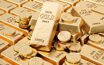 Картинка разное золото +купюры +монеты биткойны слитки