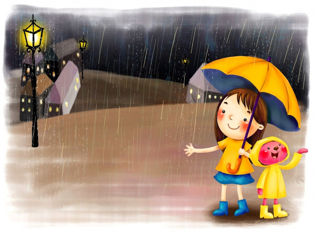 Обои картинки фото рисованное, дети, девочка, мишка, зонт, дождь, дома