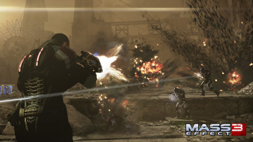 Картинка видео игры mass effect шепард shepard бой цербер штурмовики 3 перестрелка взрывы защитник винтовка