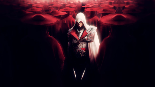 Обои картинки фото assassins, creed, видео, игры, assassin`s, brotherhood, кардиналы, в, шапках, красных, ассасин, эцио