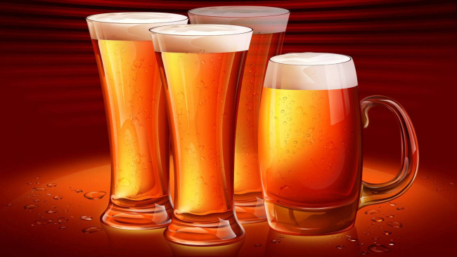Обои картинки фото векторная, графика, пена, красный, фон, пиво, бокалы