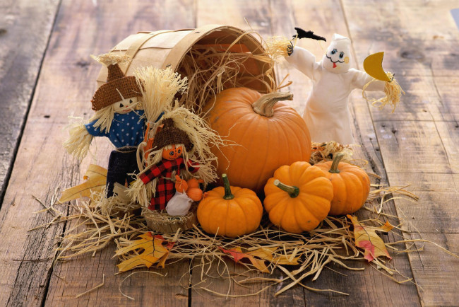 Обои картинки фото еда, тыква, осень, овощи, тыквы, корзина, солома, игрушки