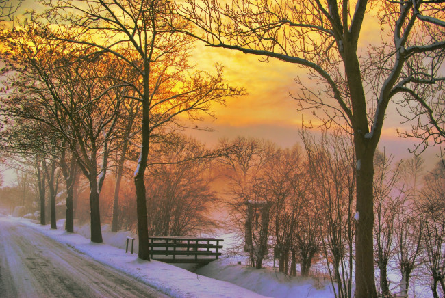 Обои картинки фото природа, зима, дорога, закат