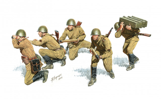 Обои картинки фото рисованные, армия, артиллеристы, автоматы, винтовка, ящик, снаряды, солдаты