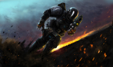 Картинка фэнтези люди солдат прыжок пистолет комбинезон шлем закат солнце
