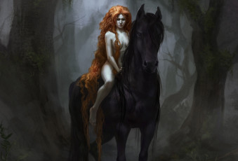 Картинка фэнтези девушки эротика арт девушка взгляд рыжие волосы леди годива животное лощадь