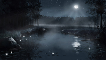 Картинка фэнтези пейзажи ночь болото лес пейзаж
