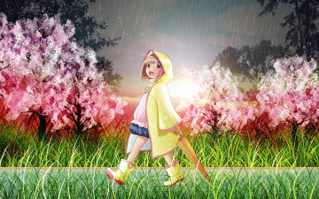 Картинка аниме unknown +другое девочка арт дождь зонт кусты весна