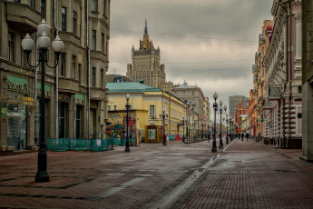 Картинка арбат города москва+ россия москва город улица фонари здания