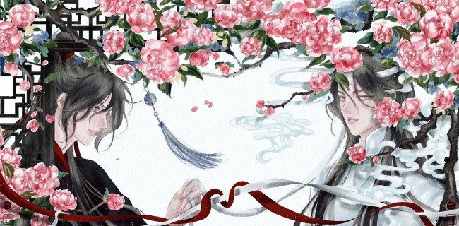Обои картинки фото аниме, mo dao zu shi, вэй, усянь, лань, ванцзы, цветы, ленты