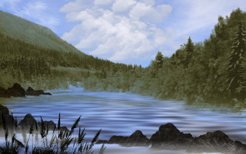 Картинка fishing hole 3д графика nature landscape природа горы камыш озеро тайга