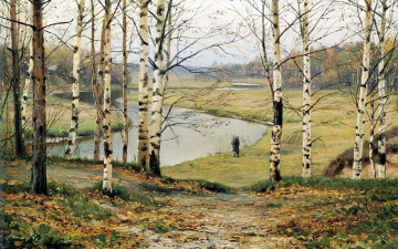Картинка рисованные природа березы река осень