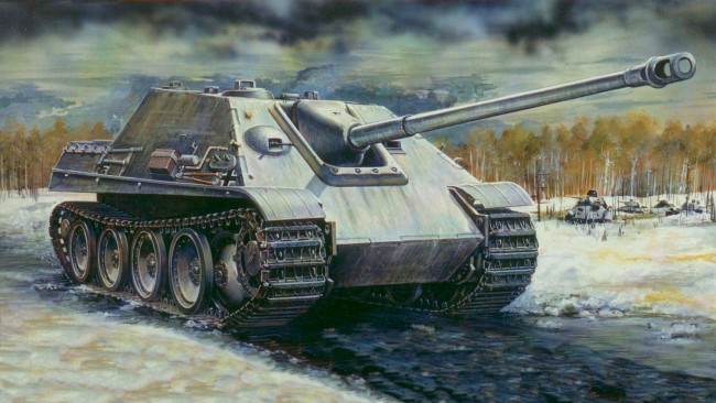 Обои картинки фото рисованные, армия, т-34, зима, война, jagdpanther