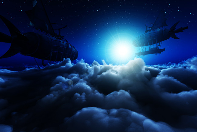 Обои картинки фото hiding, in, the, clouds, 3д, графика, fantasy, фантазия, звезды, корабли, небо, облака, солнце
