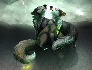 Картинка рисованные животные +волки двое воют звери