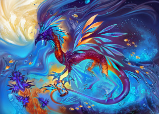 Картинка фэнтези драконы водоросли рыбки вода арт фантастика дракон