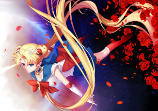 Картинка аниме sailor+moon art bishoujo senshi sailor moon планета лепестки цветы магия взгляд tsukino usagi yomi yasou девушка