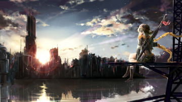 Картинка аниме -weapon +blood+&+technology арт девушка shakugan сидя оружие закат вода руины город облака цветок винтовка