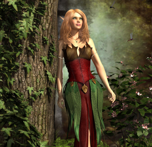 Обои картинки фото 3д графика, эльфы , elves, эльфийка, взгляд, лес
