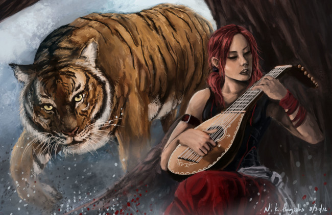 Обои картинки фото фэнтези, красавицы и чудовища, хищник, красные, волосы, арт, девушка, тигр, дерево