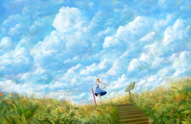 Обои картинки фото аниме, *unknown , другое, арт, bou, nin, девушка, поле, небо, облака, трава, зонтик, зонт, ветер, платье, ступеньки, табличка