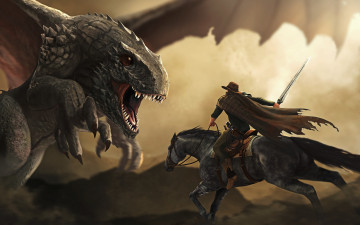 Картинка фэнтези драконы дракон меч лошадь наездник ковбой фантастика