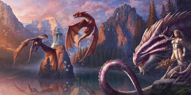 Обои картинки фото фэнтези, драконы, скалы, горы, fantasy, озеро, девушка, берег, арт