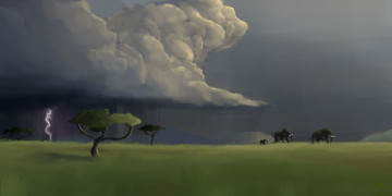 Картинка рисованное животные +слоны молния туча деревья трава