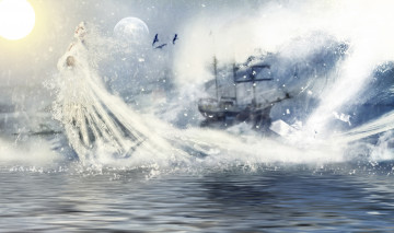 Картинка фэнтези фотоарт море корабль фон девушка