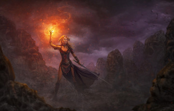 Картинка фэнтези магия девушка арт фон оружие меч огонь