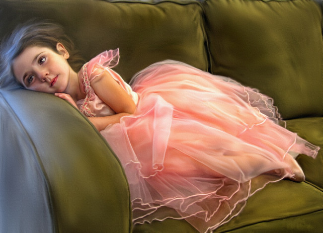 Обои картинки фото рисованное, дети, девочка, красивое, платье, диван