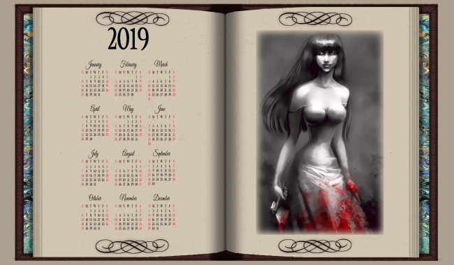 Обои картинки фото календари, фэнтези, 2019, calendar, женщина, книга, топор, девушка, кровь