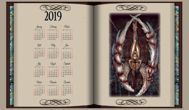 Обои картинки фото календари, фэнтези, 2019, женщина, calendar, девушка, книга, крылья