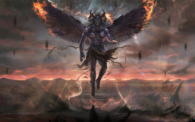 Обои картинки фото фэнтези, демоны, крылья, рога, фон, мужчина