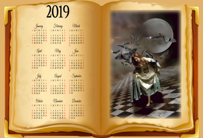 Обои картинки фото календари, фэнтези, calendar, женщина, луна, мышь, девушка, книга, 2019