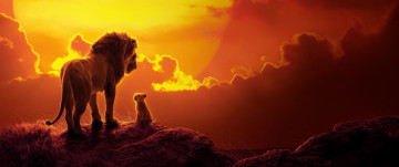 обоя кино фильмы, the lion king , 2019, лев, львенок, разговор, закат