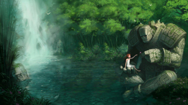 Обои картинки фото фэнтези, магия, девочка, водопад, озеро, лес, голем