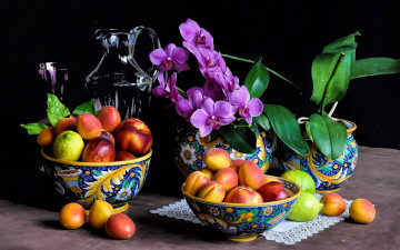 обоя еда, фрукты,  ягоды, орхидеи, нектарины, абрикосы, лимоны