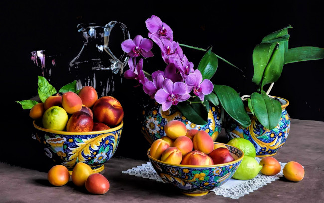 Обои картинки фото еда, фрукты,  ягоды, орхидеи, нектарины, абрикосы, лимоны