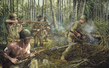 Картинка рисованные армия дым трава солдаты оружие война war джунгли