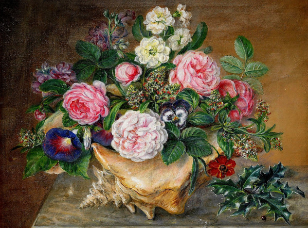 Обои картинки фото августа, плагеман, рисованные, augusta, plageman, розы, виола, ракушка