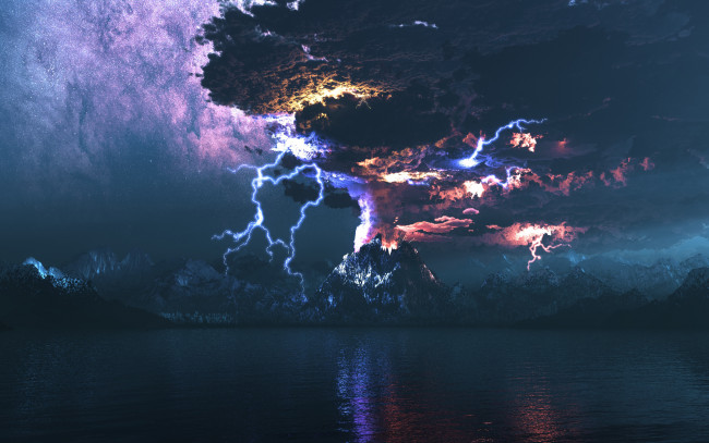 Обои картинки фото 3д, графика, nature, landscape, природа, молнии, вулкан, извержение, ночь