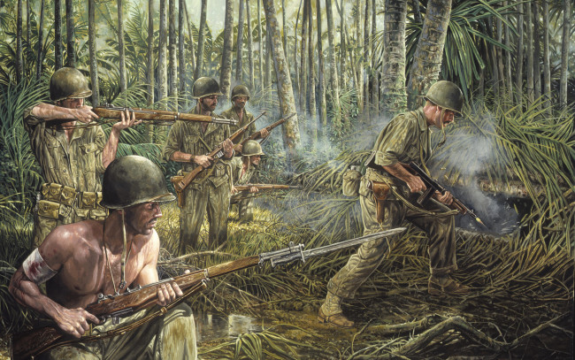 Обои картинки фото рисованные, армия, дым, трава, солдаты, оружие, война, war, джунгли