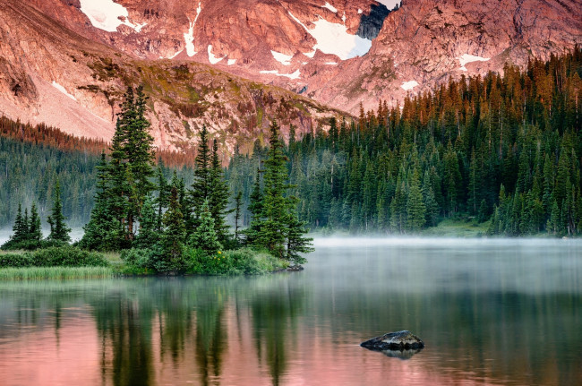Обои картинки фото long, lake, colorado, природа, реки, озера, колорадо, озеро, лонг, утро, туман, горы, остров