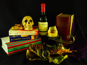 обоя разное, канцелярия,  книги, книги, череп, свеча, часы, вино