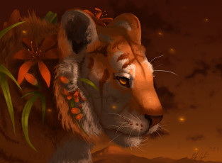 Картинка рисованные животные +тигры тигр хищник профиль взгляд цветы